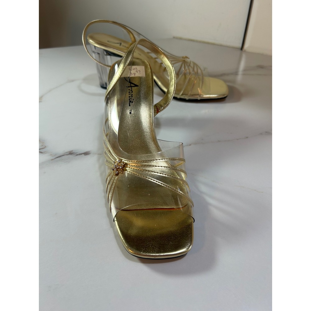 Annie Gold Metallic Clear Lucite Block Heel Slingback Sandals Rhinestone Size 8M